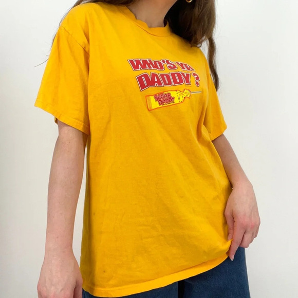 retro y2k "who's your daddy" sugar daddy crewneck graphic tee t-shirt yellow M - Picture 4 of 7